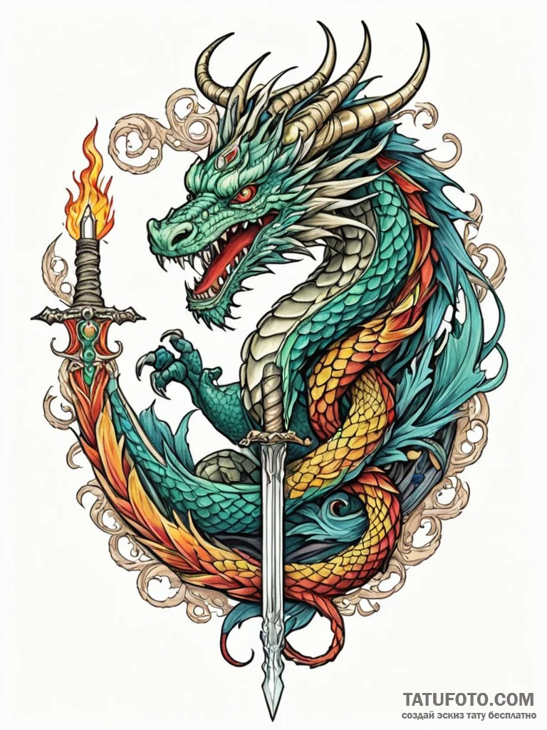 Ancient dragon coiled around sword, tattoo sk... - эскиз тату (№1752231466_0, 11.07.2025 10:57) — Tatufoto.com