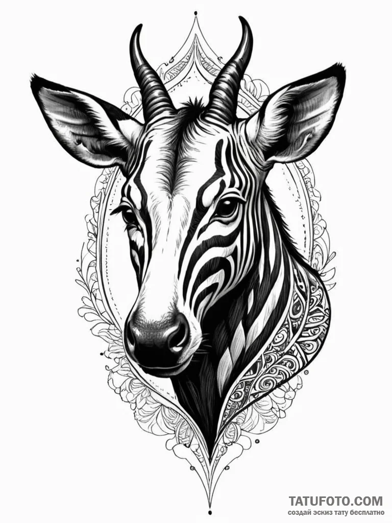 An okapi, concept art for tattoo, black and r… — эскиз тату (№1752235167_0, 11.07.2025 11:59) — Tatufoto.com