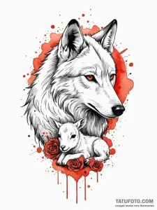 Wolf and a lamb lying peacefully together, in... - эскиз тату (№1752235495_0, 11.07.2025 12:04) — Tatufoto.com