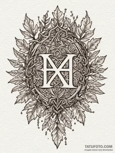 Oak leaves with runic veins, ink illustration... - эскиз тату (№1752236060_0, 11.07.2025 12:14) — Tatufoto.com