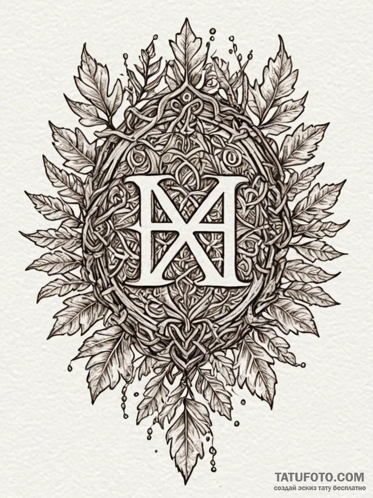Oak leaves with runic veins, ink illustration… — эскиз тату (№1752236060_0, 11.07.2025 12:14) — Tatufoto.com