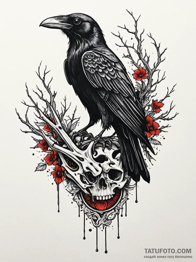 Raven perched upon skeletal hand, tattoo sket… — эскиз тату (№1752237916_0, 11.07.2025 12:45) — Tatufoto.com