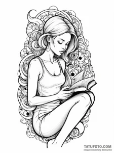 Reading woman, with the story's world materia... - эскиз тату (№1752238486_0, 11.07.2025 12:54) — Tatufoto.com