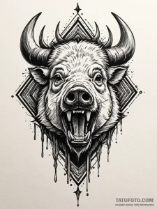 Boar's head, fierce and bristling, with tusks... - эскиз тату (№1752238809_0, 11.07.2025 13:00) — Tatufoto.com