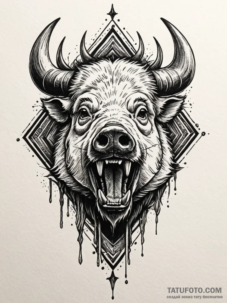 Boar’s head, fierce and bristling, with tusks… — эскиз тату (№1752238809_0, 11.07.2025 13:00) — Tatufoto.com