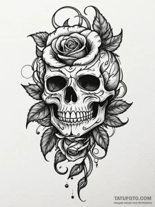 Engraved rose beneath bone mask, tattoo flash... - эскиз тату (№1752239858_0, 11.07.2025 13:17) — Tatufoto.com