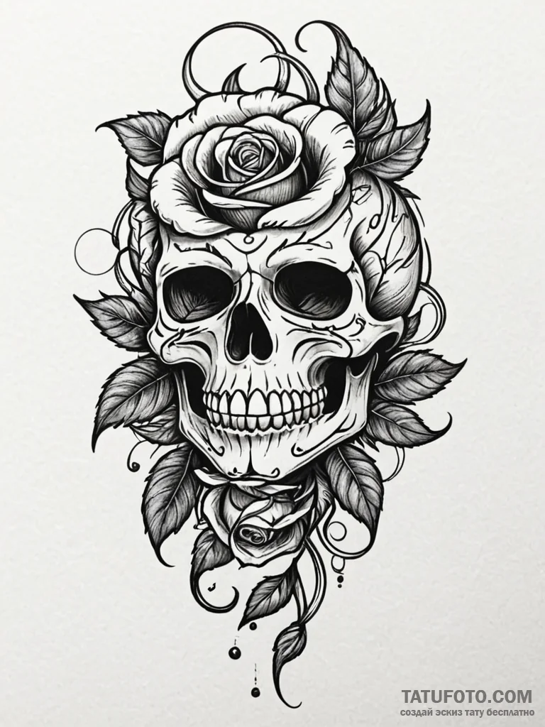 Engraved rose beneath bone mask, tattoo flash... - эскиз тату (№1752239858_0, 11.07.2025 13:17) — Tatufoto.com