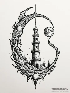 Moon serpent through shattered spire, tattoo... - эскиз тату (№1752241875_0, 11.07.2025 13:51) — Tatufoto.com