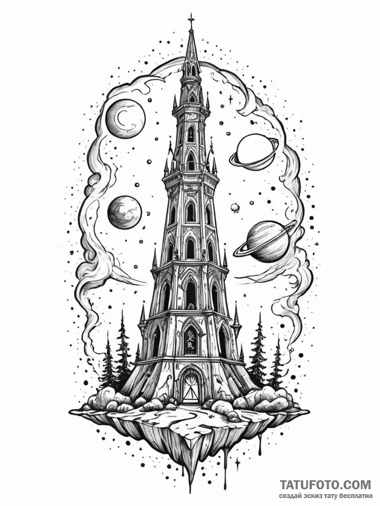 Ivory relic beneath celestial spire, ink illu... - эскиз тату (№1752242389_0, 11.07.2025 13:59) — Tatufoto.com
