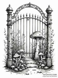 Mushroom stalks beneath iron gate, artistic t... - эскиз тату (№1752245035_0, 11.07.2025 14:43) — Tatufoto.com