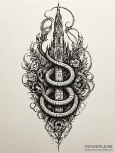 Hollow serpent beneath spectral spire, tattoo... - эскиз тату (№1752245377_0, 11.07.2025 14:49) — Tatufoto.com