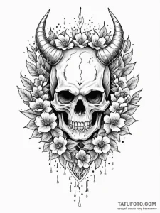 Leaf crown atop skull, tattoo sketch design,... - эскиз тату (№1752245720_0, 11.07.2025 14:55) — Tatufoto.com