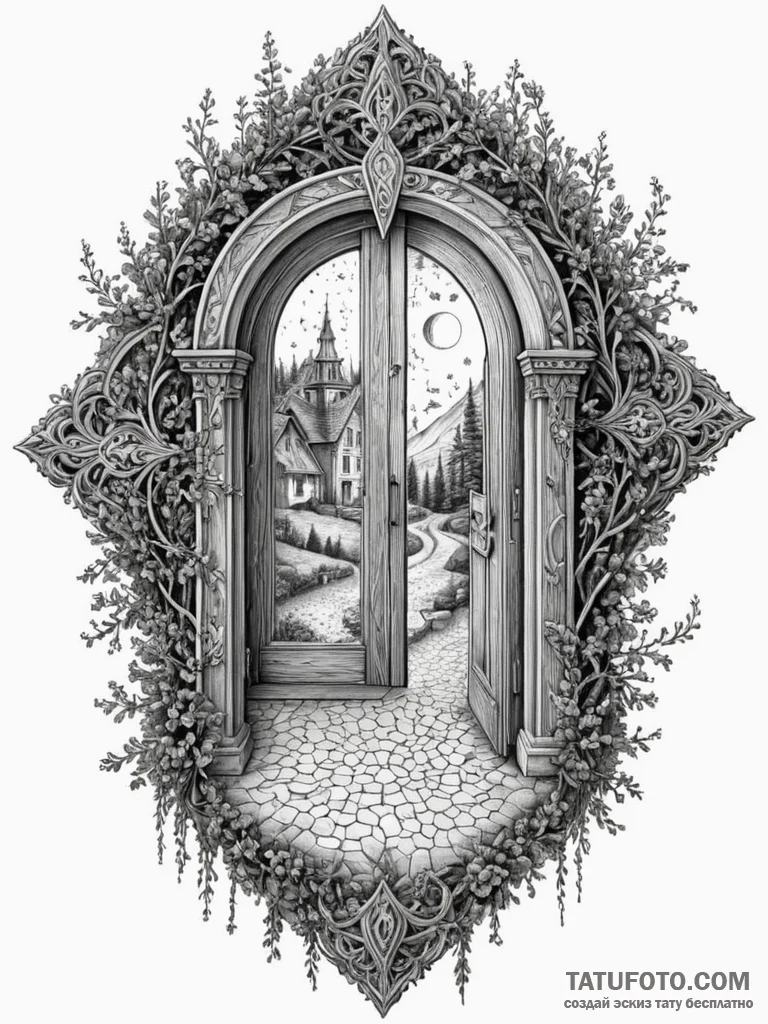 Oak door opening to spectral rift, concept ar… — эскиз тату (№1752247917_0, 11.07.2025 15:31) — Tatufoto.com