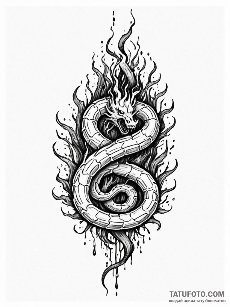 Flaming serpent devouring roots, tattoo line… — эскиз тату (№1752248879_0, 11.07.2025 15:47) — Tatufoto.com