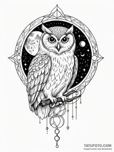 Owl perched beneath spectral moon, tattoo fla... - эскиз тату (№1752249637_0, 11.07.2025 16:00) — Tatufoto.com