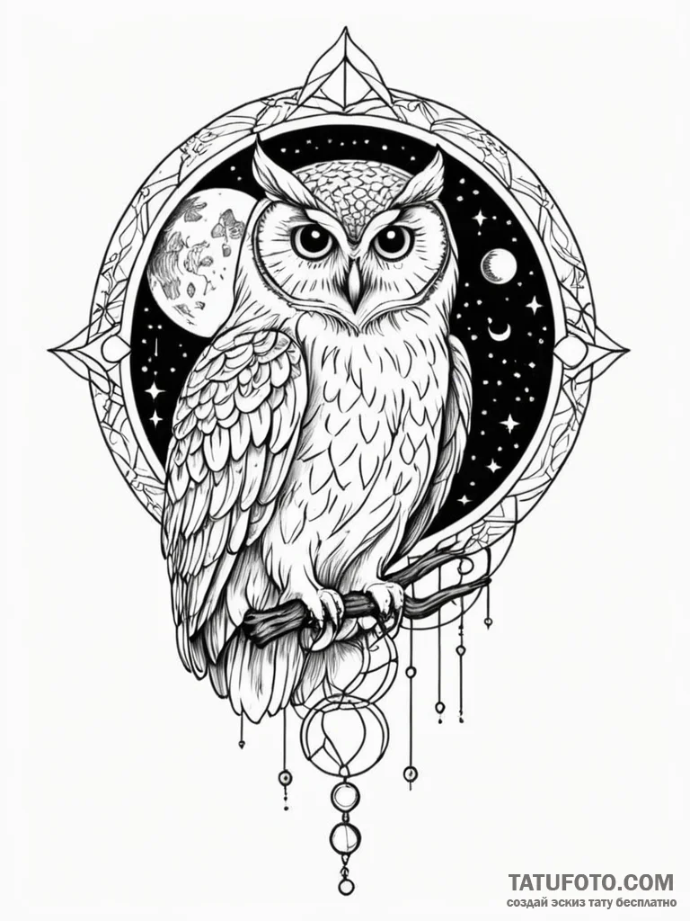 Owl perched beneath spectral moon, tattoo fla… — эскиз тату (№1752249637_0, 11.07.2025 16:00) — Tatufoto.com