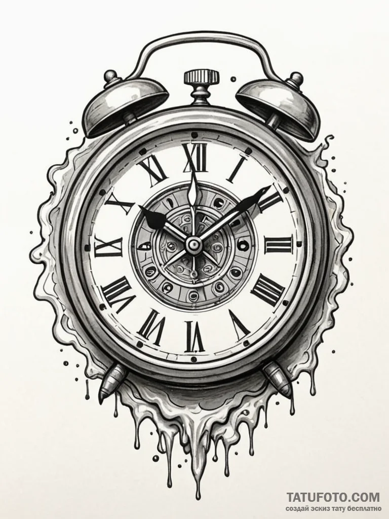 A detailed broken clock showing a specific ti... - эскиз тату (№1752250142_0, 11.07.2025 16:09) — Tatufoto.com