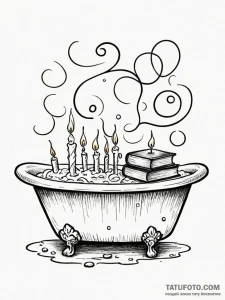 A whimsical bubble bath with candles and book... - эскиз тату (№1752250565_0, 11.07.2025 16:16) — Tatufoto.com