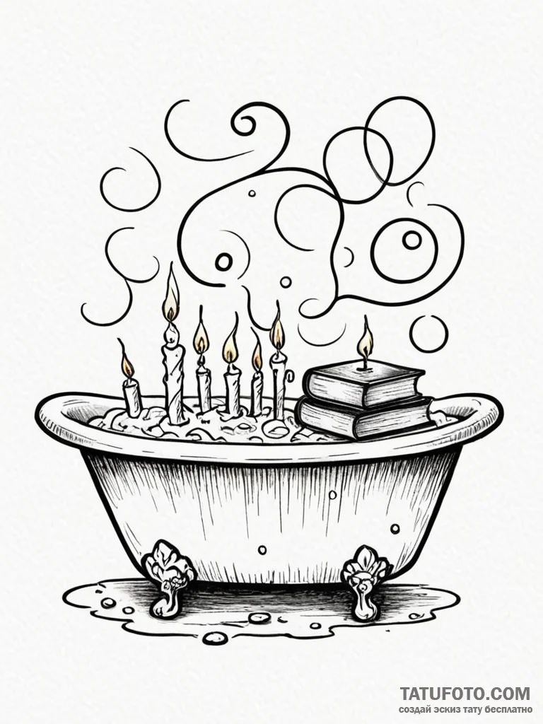 A whimsical bubble bath with candles and book… — эскиз тату (№1752250565_0, 11.07.2025 16:16) — Tatufoto.com
