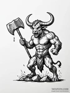 Minotaur roaring, brandishing a massive stone... - эскиз тату (№1752251918_0, 11.07.2025 16:38) — Tatufoto.com
