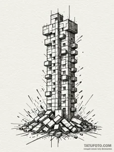 Tetris blocks falling to build a dystopian to... - эскиз тату (№1752252002_0, 11.07.2025 16:40) — Tatufoto.com