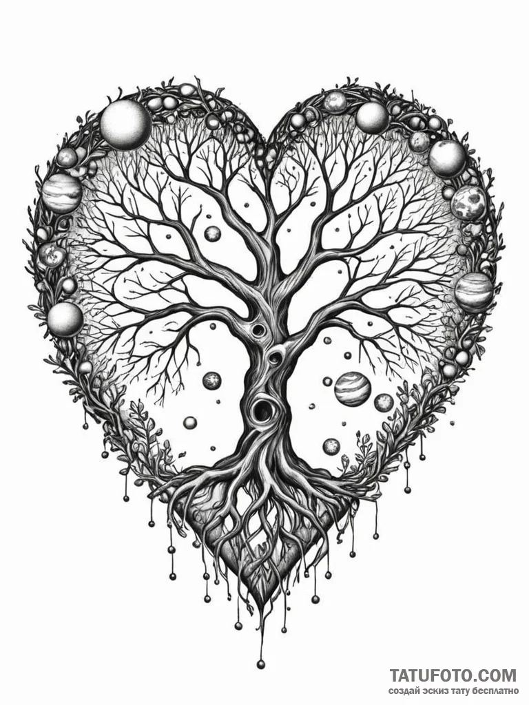Tree of life, its branches holding planets an… — эскиз тату (№1752253268_0, 11.07.2025 17:01) — Tatufoto.com
