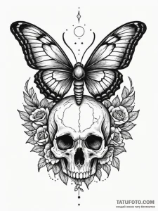 Black moth resting on skull, tattoo line art,... - эскиз тату (№1752253438_0, 11.07.2025 17:03) — Tatufoto.com