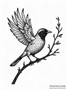 A whimsical bird on a branch silhouetted, gra... - эскиз тату (№1752254028_0, 11.07.2025 17:13) — Tatufoto.com