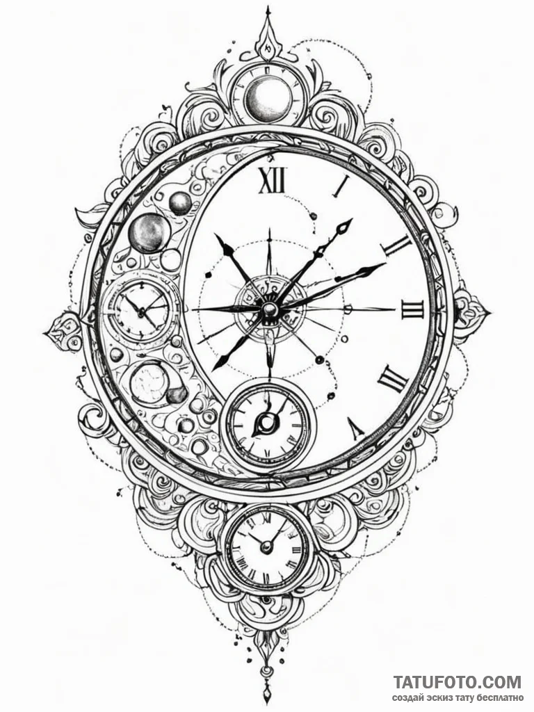 Astral clock with orbiting moons, tattoo sket… — эскиз тату (№1752255195_0, 11.07.2025 17:33) — Tatufoto.com