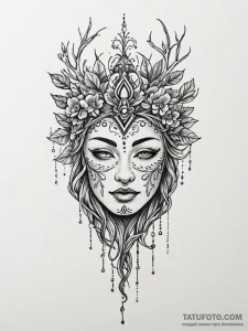 Nymph mask crowned with roots, tattoo drawing... - эскиз тату (№1752255446_0, 11.07.2025 17:37) — Tatufoto.com
