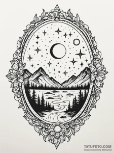 Obsidian mirror catching starlight, tattoo fl... - эскиз тату (№1752255949_0, 11.07.2025 17:45) — Tatufoto.com