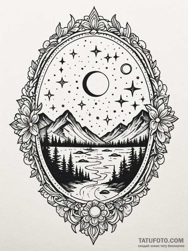 Obsidian mirror catching starlight, tattoo fl… — эскиз тату (№1752255949_0, 11.07.2025 17:45) — Tatufoto.com