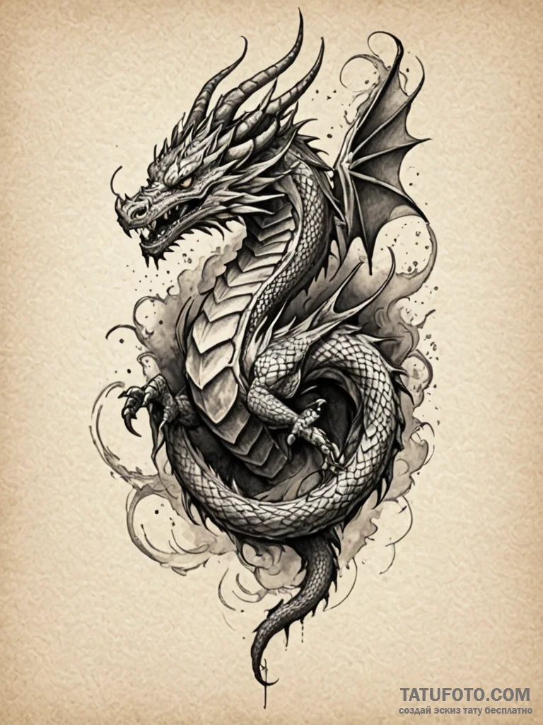 Dragon form breaking through mist, tattoo lin... - эскиз тату (№1752258715_0, 11.07.2025 18:31) — Tatufoto.com