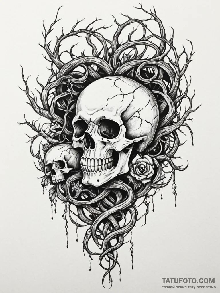 Entwined roots clutching skull, tattoo flash… — эскиз тату (№1752258799_0, 11.07.2025 18:33) — Tatufoto.com