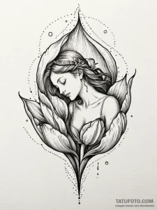 Fairy sleeping inside a dew-covered tulip, ta... - эскиз тату (№1752259638_0, 11.07.2025 18:47) — Tatufoto.com