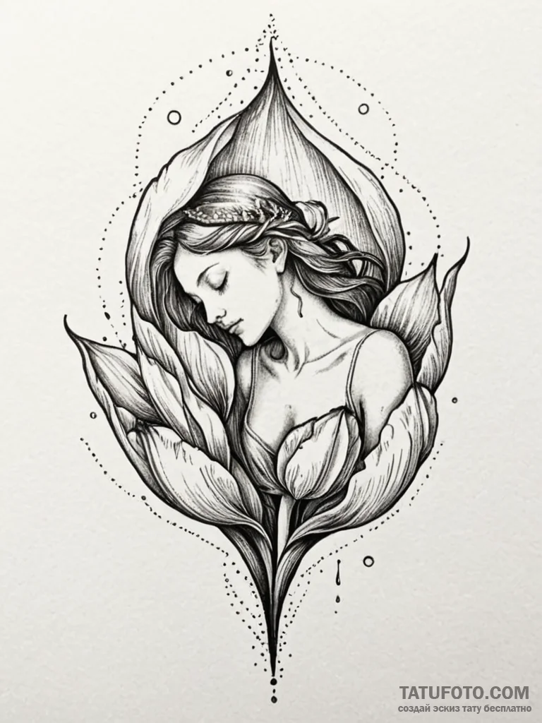 Fairy sleeping inside a dew-covered tulip, ta... - эскиз тату (№1752259638_0, 11.07.2025 18:47) — Tatufoto.com