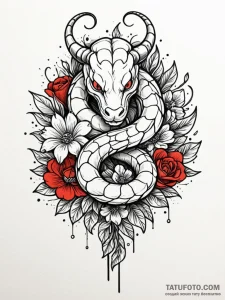 Viper striking from a bouquet of flowers, con... - эскиз тату (№1752259970_0, 11.07.2025 18:52) — Tatufoto.com