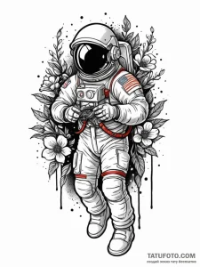 Astronaut holding blooming flowers, artistic... - эскиз тату (№1752261395_0, 11.07.2025 19:16) — Tatufoto.com