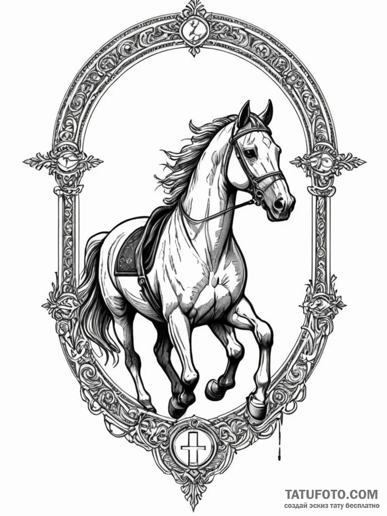 Riderless horse beneath spectral arch, tattoo… — эскиз тату (№1752261563_0, 11.07.2025 19:19) — Tatufoto.com