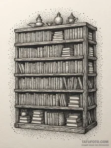 A detailed bookcase full of books, extensive,... - эскиз тату (№1752262824_0, 11.07.2025 19:40) — Tatufoto.com