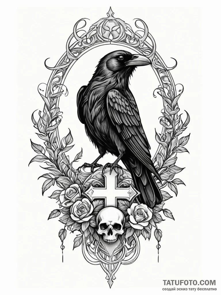 Art nouveau raven perched on skull, tattoo sk... - эскиз тату (№1752264843_0, 11.07.2025 20:14) — Tatufoto.com