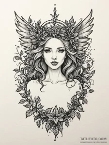 Hidden wings crowned in ivy, concept art for... - эскиз тату (№1752265846_0, 11.07.2025 20:30) — Tatufoto.com