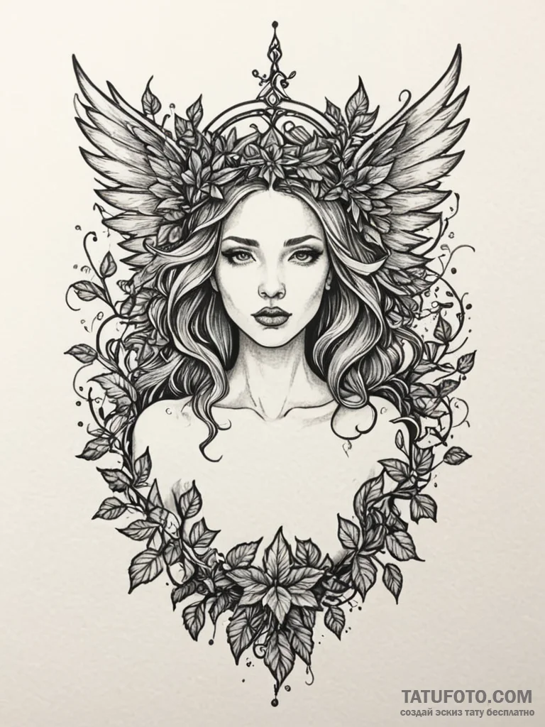 Hidden wings crowned in ivy, concept art for… — эскиз тату (№1752265846_0, 11.07.2025 20:30) — Tatufoto.com