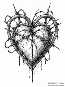 Barbed wire heart bleeding petals, ink illust... - эскиз тату (№1752265930_0, 11.07.2025 20:32) — Tatufoto.com
