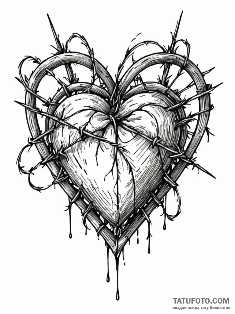 Barbed wire heart bleeding petals, ink illust… — эскиз тату (№1752265930_0, 11.07.2025 20:32) — Tatufoto.com