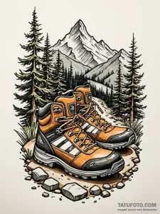 Hiking boot print on a mountain path, tattoo... - эскиз тату (№1752266516_0, 11.07.2025 20:41) — Tatufoto.com