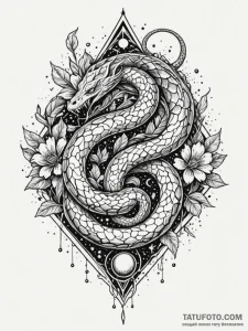Hallowed serpent beneath celestial bloom, ink... - эскиз тату (№1752268691_0, 11.07.2025 21:18) — Tatufoto.com
