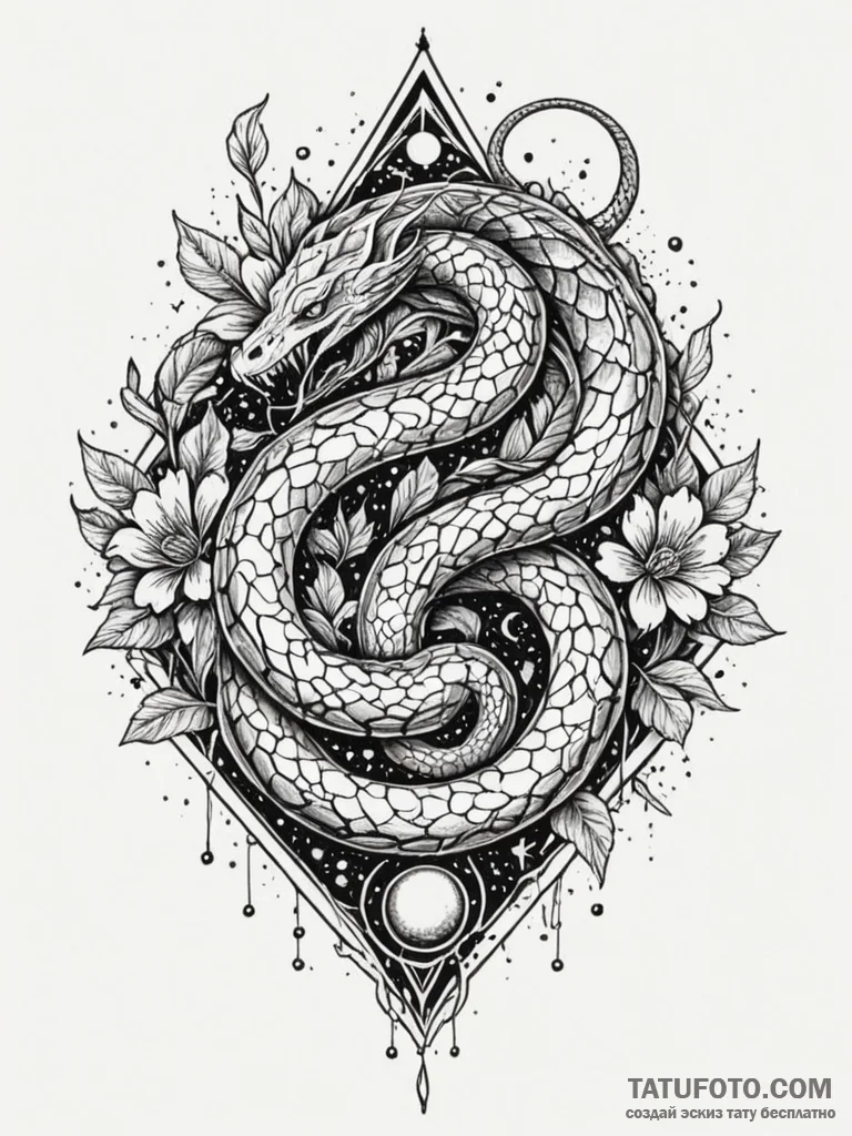 Hallowed serpent beneath celestial bloom, ink… — эскиз тату (№1752268691_0, 11.07.2025 21:18) — Tatufoto.com