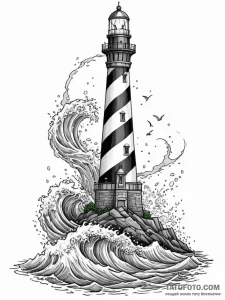 Lighthouse drowning beneath waves, ink illust... - эскиз тату (№1752269860_0, 11.07.2025 21:37) — Tatufoto.com
