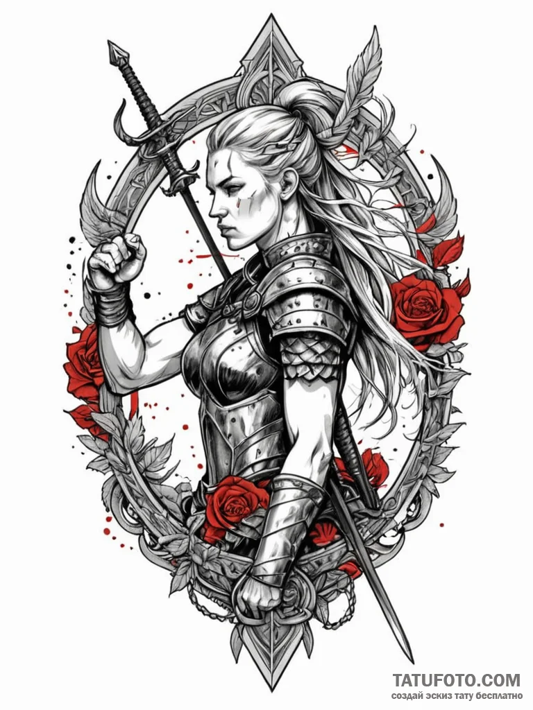 Shieldmaiden, fierce and determined, in the m… — эскиз тату (№1752270528_0, 11.07.2025 21:48) — Tatufoto.com